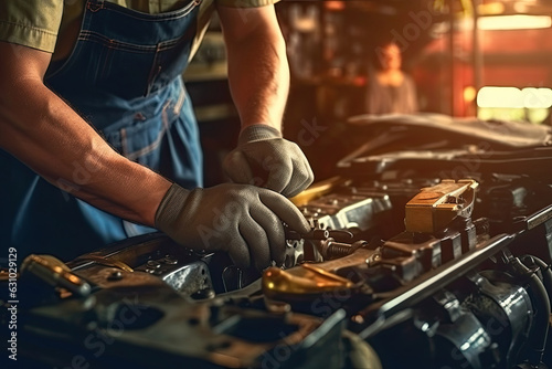 Close-up of mechanic hands repairing car engine in auto repair shop