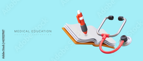 Medical education. Realistic open book, pen, stethoscope. Training of doctors and nurses. Bright horizontal banner with place for announcement, date, invitation. Banner, billboard, flyer template