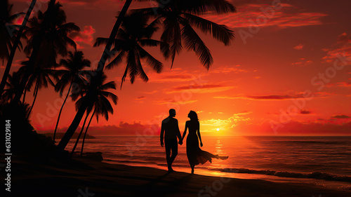 Romantic couple silhouette with palm trees and a sunset by the sea