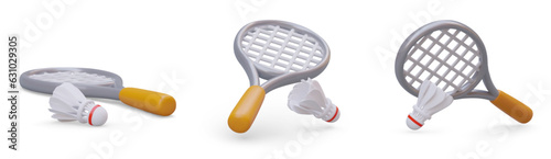 Realistic badminton racket, shuttlecock. Set of vector images. Isolated detailed color illustrations. Pair sport. Training in nature. Icons for sports sites, applications, stores