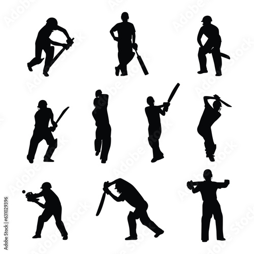 Large collection of silhouettes of cricket player - batsman, bowler & cricket elements. Flat vector illustration isolated on white background