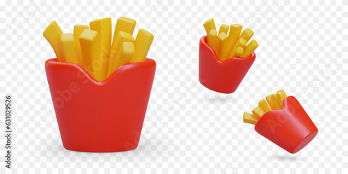 French fries in red paper bag. Set of 3D images in different positions. Blanks for dynamic design. Salty fast food. Hot food to take away. Color icons in cartoon style