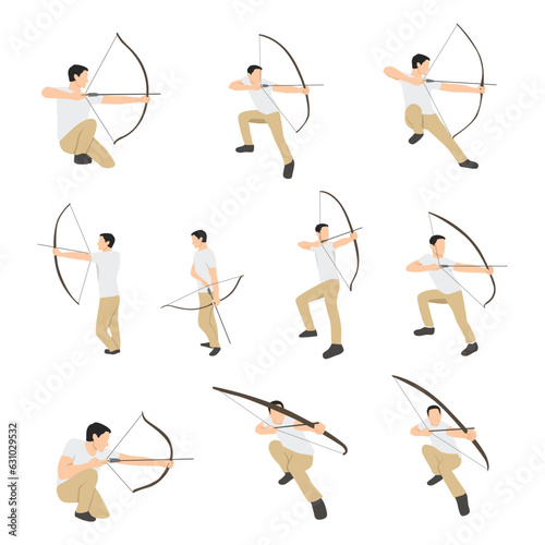 Man set character archery sport, sport collection, art.illustration. Flat vector illustration isolated on white background