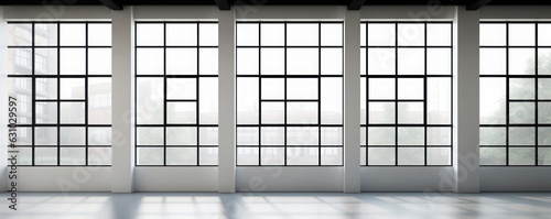 White room. white vacant building floor with black window frames and glass partition wall . A vacant tenant space for small office, schools restaurants. wide format. Generative AI