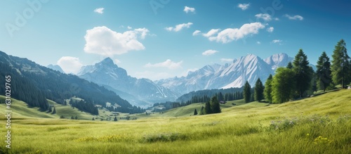 A stunning alpine landscape in Austria during the summer season, featuring lush grass and pine trees