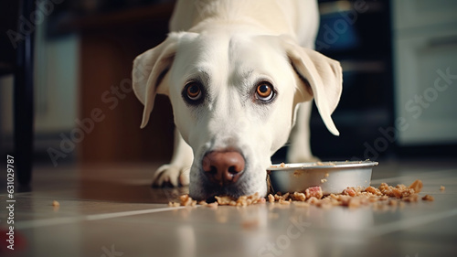 White Labrador Retriever dog eating dog food at home