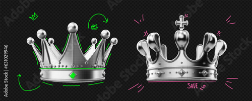 Set of black and white collage crowns with colorful doodle arrows. Punk design trendy halftone elements. King and Queen. Vector illustration on transparent background