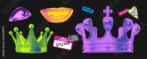 Set of acidly brightly colored collage crowns with colorful rock stikers. Punk design halftone elements. Smile mouth and eyes. Vector vibrant illustration on transparent background
