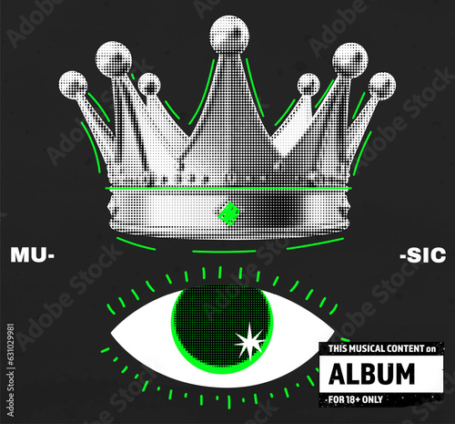 Music album cover. Punk music. crown with eye and doodles. Acid green and black. Rave party royalty. Halftone vector illustration