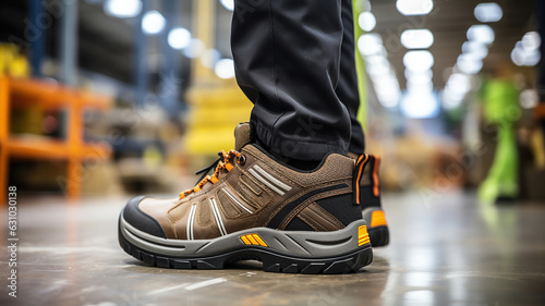 Close-up shows a worker's feet wearing safety shoes at the factory © Malika