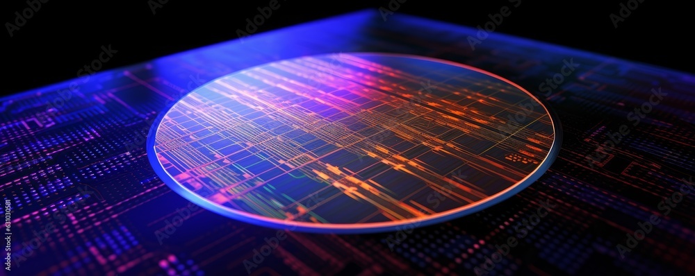 Semiconductor or electronics processor wafer, with circuit pattern surface. Abstract microprocessor. hi-tech processing industry concept background. Generative AI - obrazy, fototapety, plakaty 