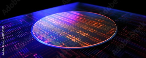 Semiconductor or electronics processor wafer, with circuit pattern surface. Abstract microprocessor. hi-tech processing industry concept background. Generative AI