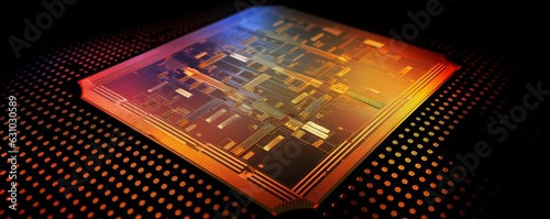 Semiconductor or electronics processor wafer, with circuit pattern surface. Abstract microprocessor. hi-tech processing industry concept background. Generative AI