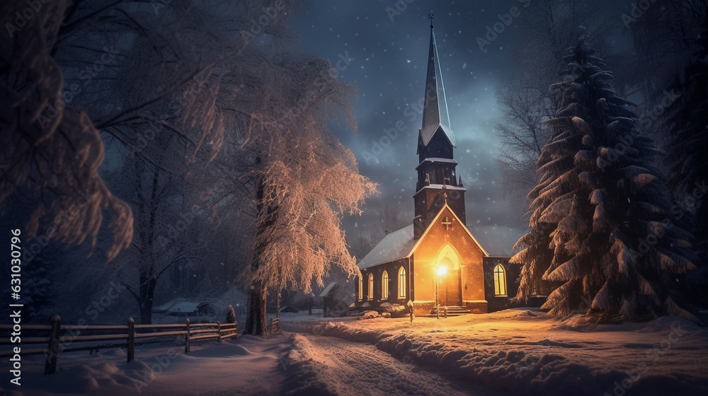 Winter night in front of church illustration - obrazy, fototapety, plakaty 