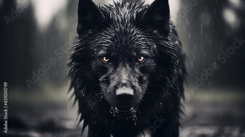 A large black wolf standing in the rain, staring boldly photo