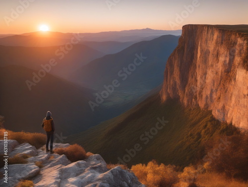 Reise in die Berge. Sonnenaufgang, Sonnenuntergang von einer Klippe aus beobachtet. photo