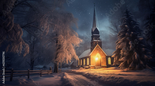 Fotografia Winter night in front of church illustration