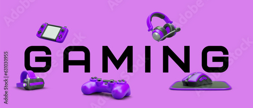 Gaming. Giant inscription with 3D floating objects. Deep purple background color. Gamer gadgets. Signboard template for store, computer club, game room