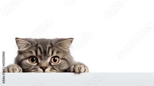Cat peeking out from behind a white background