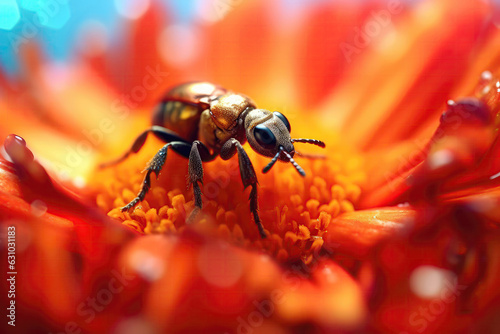 Tiny Insect Crawlipng On Vibrant Flower Petal. Generative AI photo