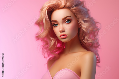 Doll sensual girl emotional close up portrait with pink background. AI generated