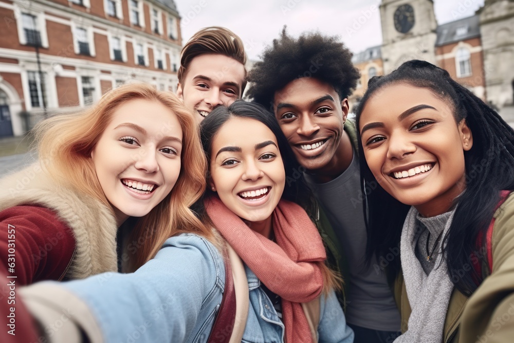 Cheerful young people classmates pose and have fun. AI generated