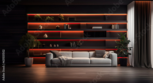 Modern minimalist living room interior - straight view with light gray sofa couch, plant and big shelf with red LED ambient light stripe on dark wooden wall photo