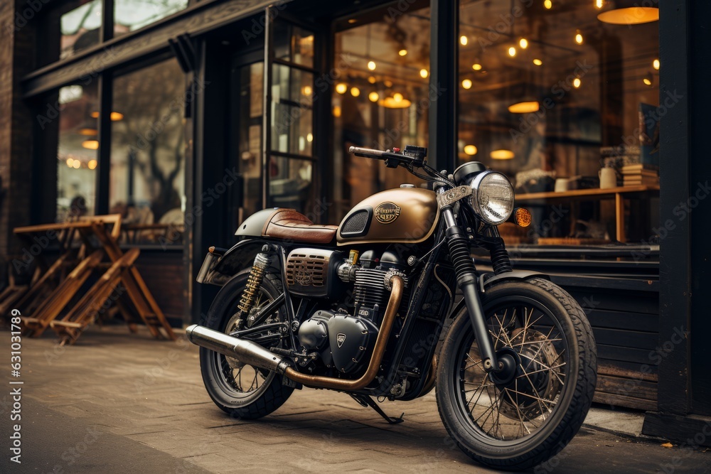 Vintage Cafe Racer Parked In an Urban Area, Generative AI