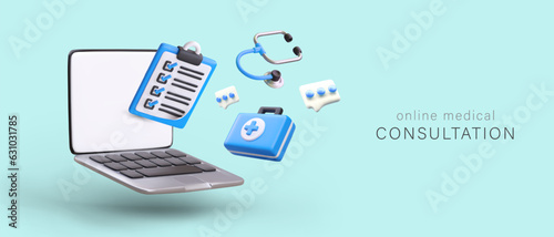 Online medical consultation. Clinical insurance services. Remote doctor assistance. Floating vector 3D objects. Modern accessories of doctor. Advertising concept on blue background