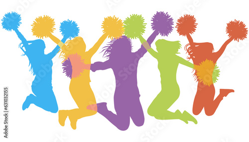 Cheerleading. Color silhouettes of jumping girls with pompoms, cheerleaders. Vector illustration