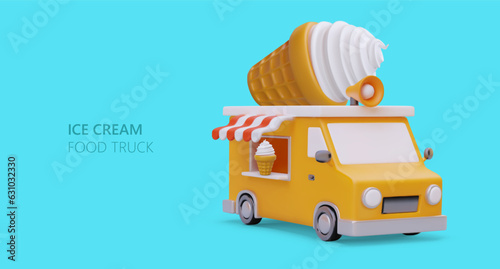 3D truck with megaphone and giant ice cream on roof. Classic summer moving sweet shop. Cooling fast food. Delivery of soft ice cream. Commercial concept on blue background