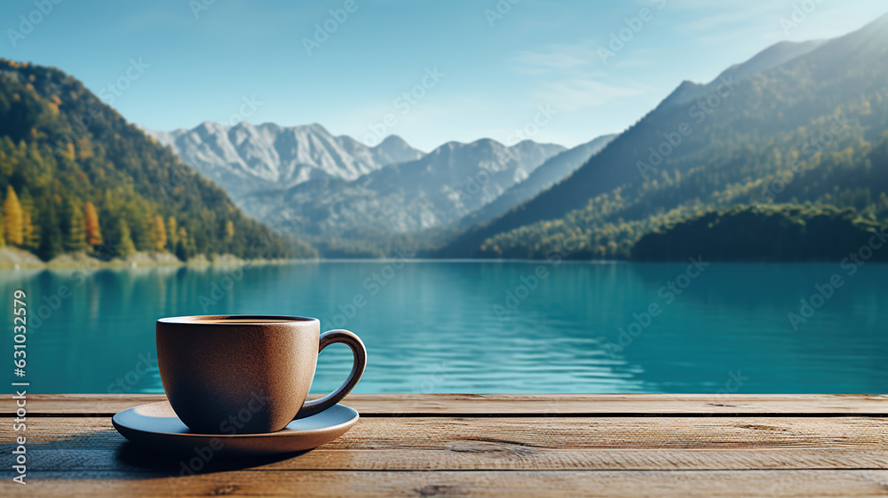 Scenic view of mountains and a lake serves as the backdrop for a coffee cup on the table Scenic view of mountains and a lake serves as the backdrop for a coffee cup on the table