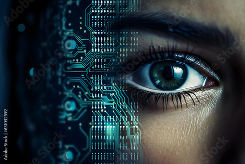 Cyborg woman watches futuristic computer data. Macro human eye with printed technology circuits in the iris. digital information represented by circles and signs technology concept.
