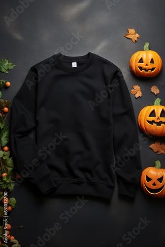 Blank black Halloween sweatshirt mockup, view from above, Generative AI