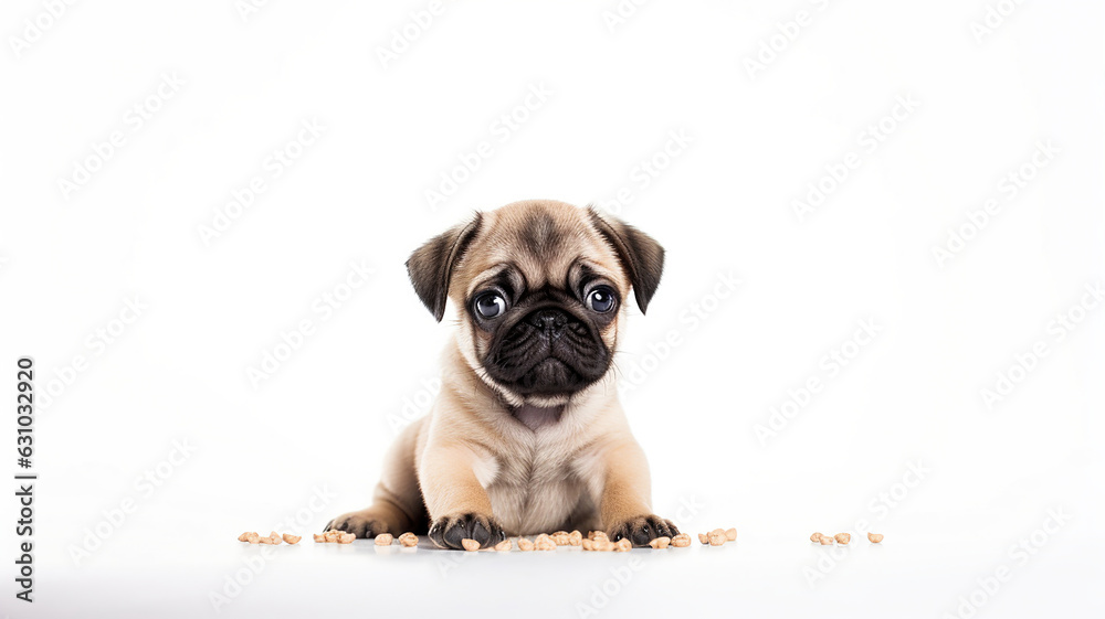 Adorable pug dog feasting on dog food with a white background