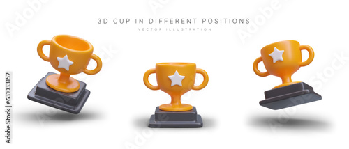 3D trophy cup with two handles on stand. Object in different positions. Gold award for winner. Symbol of achievement, victory. First place in competition. Set of vector images