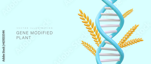 Genetically modified plant. 3D spikelet and DNA double helix. Intervention in flora genotype. Editing, improvement of genetic life code. Bioengineering. Color concept