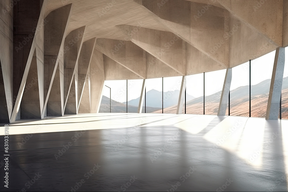 Obraz premium architecture empty room with window and mountain background with sunlight