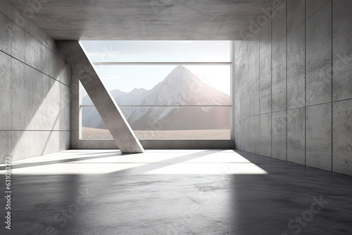 architecture empty room with window and mountain background with sunlight