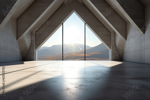 architecture empty room with window and mountain background with sunlight