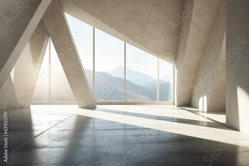 architecture empty room with window and mountain background with sunlight