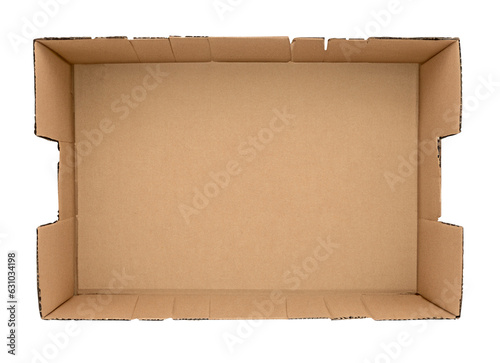 Opened empty cardboard box isolated top view