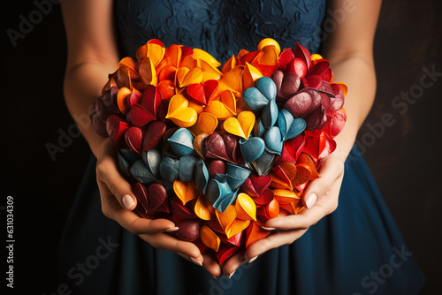 Holding colorful hearts in the hand, volenteer and humanitarian help concept, charity and friendship, support and love, generative AI 