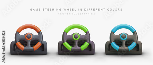 Realistic game steering wheel. Set of vector images. Device for computer racing. Desktop training gadget. Imitation of automotive equipment. Color illustrations with highlights and shadows