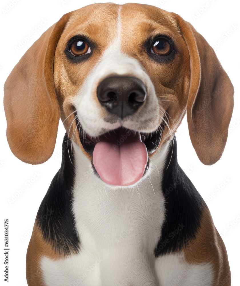 Portrait of a cute happy beagle dog isolated on a white background as transparent PNG