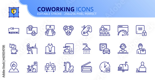 Simple set of outline icons about coworking