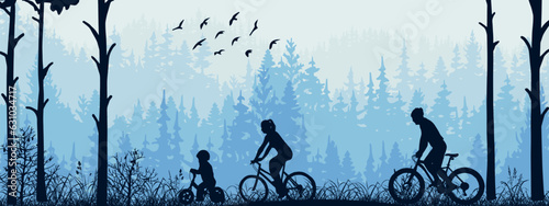 Active family cycling in forest. Mother, father, child, blue silhouette horizontal illustration. Healthy lifestyle outdoor activities. Recreation. Banner. 