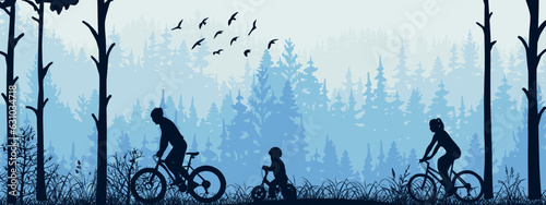 Active family cycling in forest. Mother, father, child, blue silhouette horizontal illustration. Healthy lifestyle outdoor activities. Recreation. Banner. 