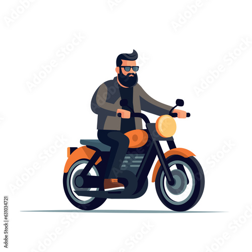 Picture of cool biker character riding a motorbike. Man rides a retro motorcycle. Flat style illustration
