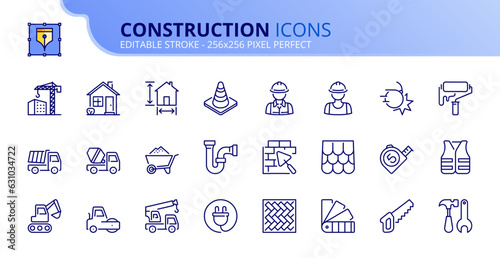 Simple set of outline icons about construction